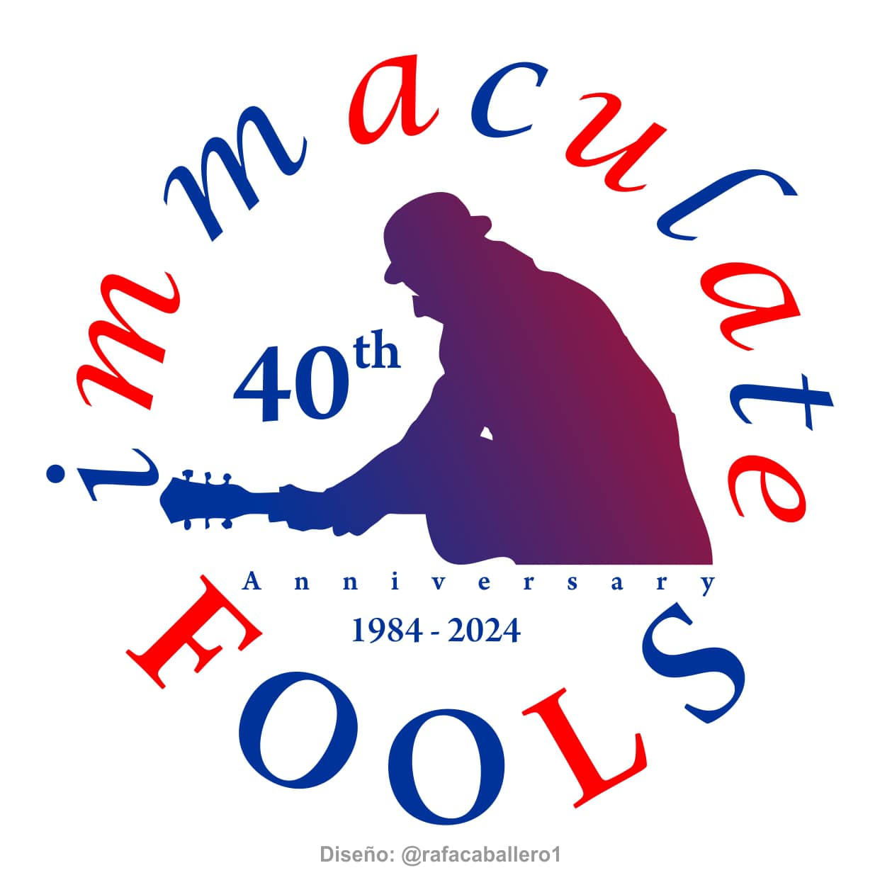 blue and red graphic of man wearing hat and playing guitar with text around in a circular pattern